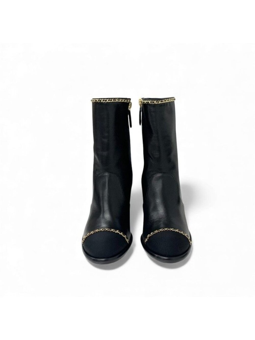 Chanel Short Boots Shoes Leather Fabric Black Gold CC Logo Chain - Picture 2 of 10